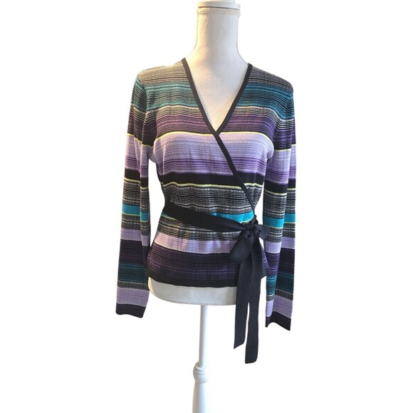 Diane Von Furstenberg silk blend Multicolor Striped Balerina Wrap Sweater Large - Picture 2 of 9